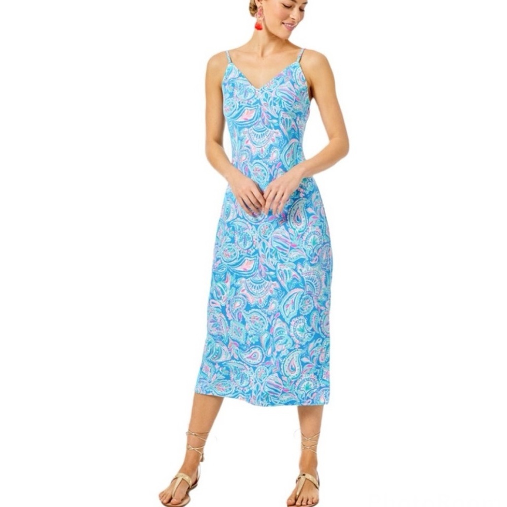Lilly Pulitzer Maretta Bias Midi Dress Zanzibar Blue Fish Kiss New Size Medium